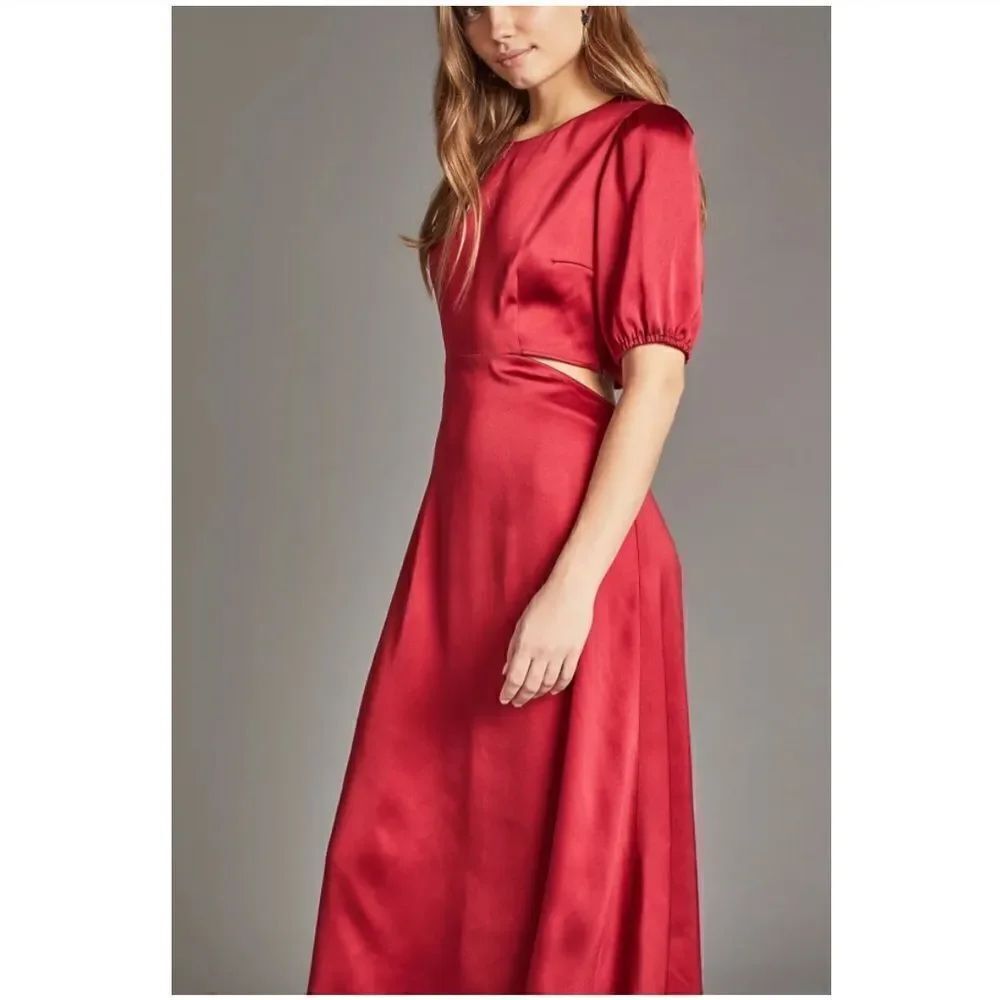 ANTHROPOLOGIE  RED SATIN CUT OUT MIDI DRESS - Picture 3 of 8